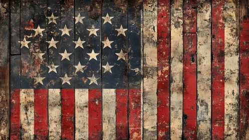 Weathered American flag on rustic wooden planks wall art.