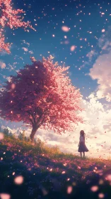 Solitary girl beneath luminous cherry tree at golden hour