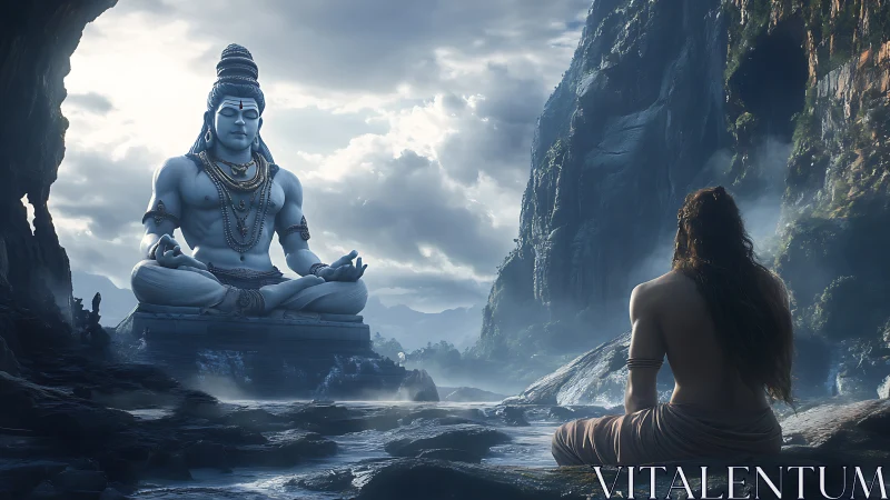 Meditating devotee before monumental Shiva statue, mist-lit seascape.