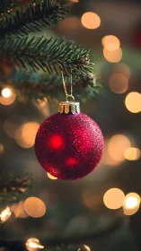Red glass ornament glows on evergreen branch with bokeh.