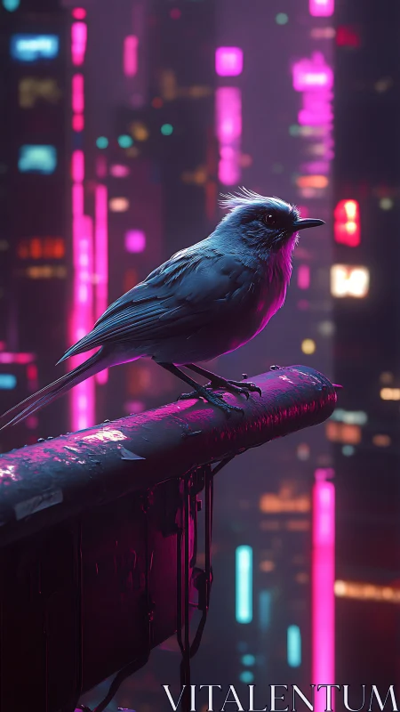 Neon-illuminated bird on cybernetic ledge in rain-slick cityscape.