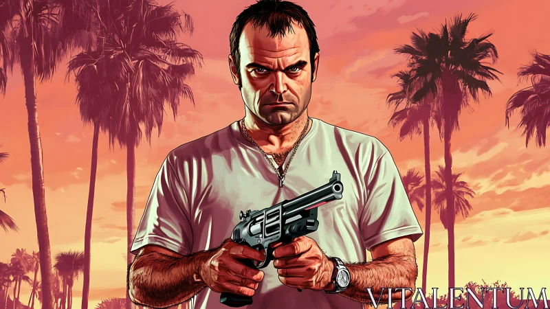 Tough city antihero under fiery palm tree sunset sky.