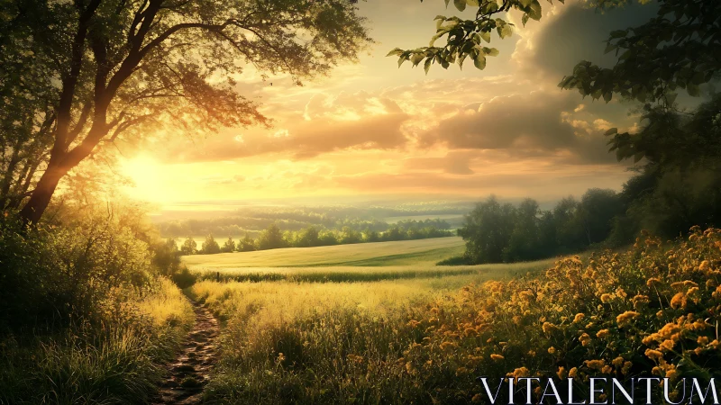 Golden sunrise pours over tranquil fields and forest edge