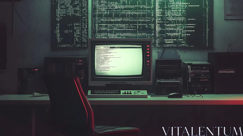 Retro terminal workstation renders dense green-coded system diagnostics