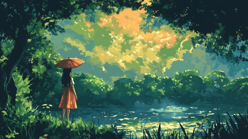 Girl with orange umbrella by luminous riverside forest.