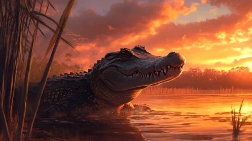 Crocodile emerges through molten sunset wetland light.
