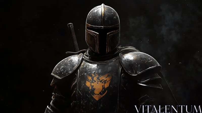 Armored sci fi knight stands in dramatic low key lighting