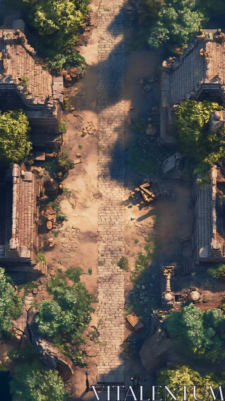 Top-down ruined stone avenue with overgrown modular temple blocks