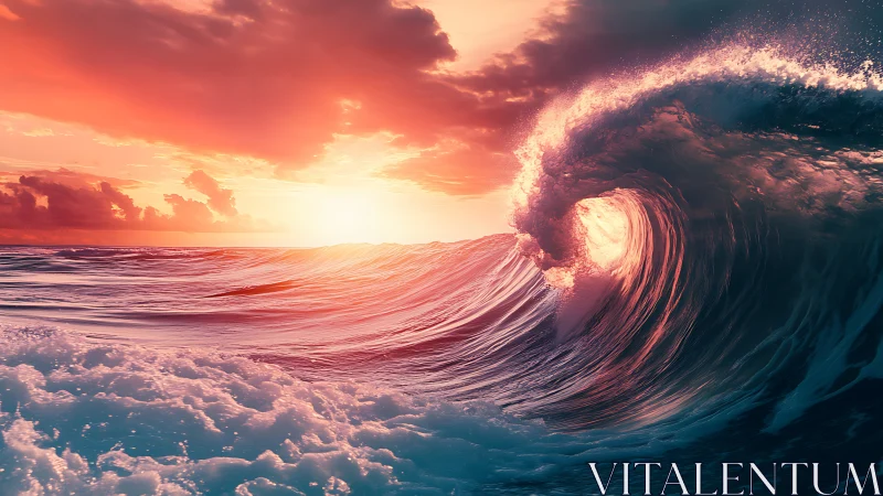 Golden sunset wave curling over a glowing, tranquil sea.