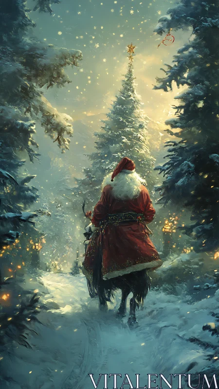 Santa riding through snowy forest toward lit tree.