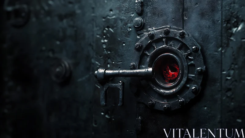 Metal hatch door with circular red viewing port and handle.