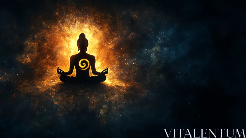 Silhouetted seated figure before radial fiery light field.