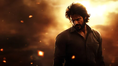 Backlit cinematic portrait in ember saturated atmosphere.