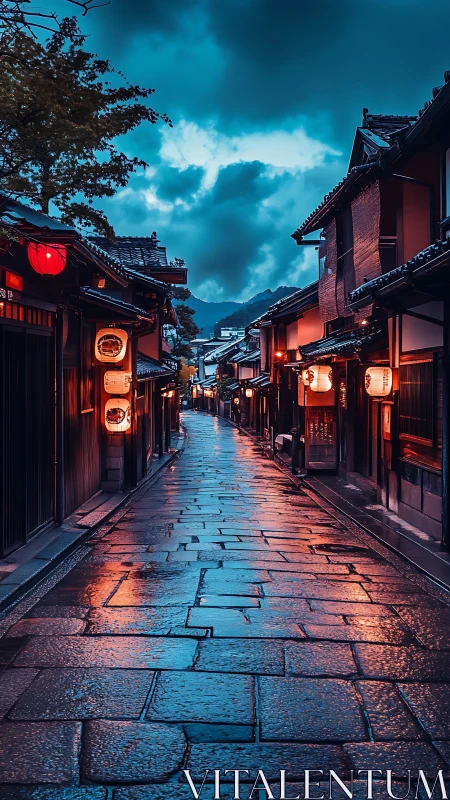 Rainwashed Kyoto alley glows under storm-brightened dusk sky.
