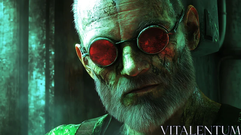 Mysterious old wanderer glowing in eerie green light.