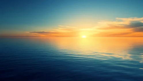 Golden sunrise glows gently over calm, endless ocean waters