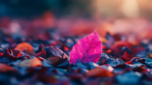 Single magenta leaf in shallow depth-of-field autumn ground study