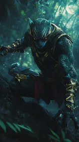 Bioluminescent panther warrior in mist-laden rainforest ambush.