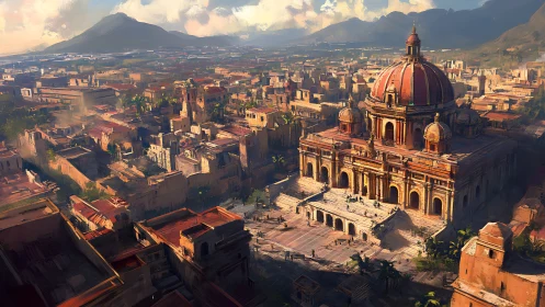 Sunlit hillside city embracing a grand domed cathedral.