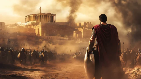 Dust-crowned warlord confronts a sunlit ancient citadel.