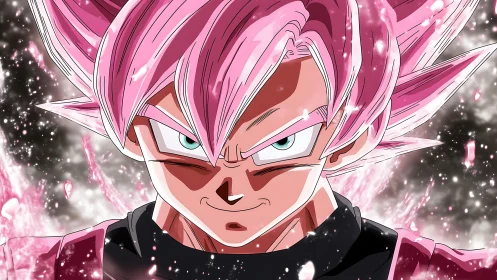 High-intensity pink-haired anime fighter with glowing aura rendered