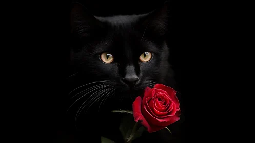 Black cat with golden eyes holding vibrant red rose against dark background