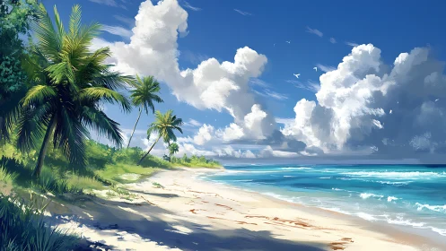 Tropical Coastline with Palm Trees and Cumulus Cloud Formation.