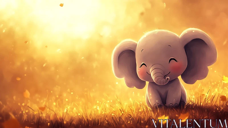 Sunlit baby elephant dreaming in a golden autumn glow.