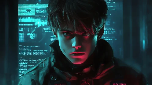 Cyberpunk hacker portrait in teal and red neon light.