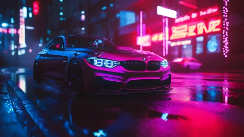 Neon-lit performance coupe with wet-surface reflections at night