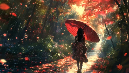 Backlit kimono figure under vermilion umbrella in rainfall.
