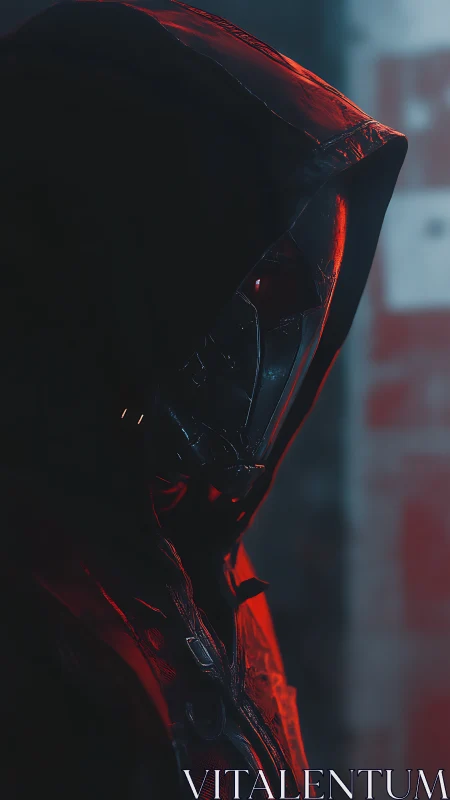 Hooded cybernetic assassin in red rim lighting and deep shadow