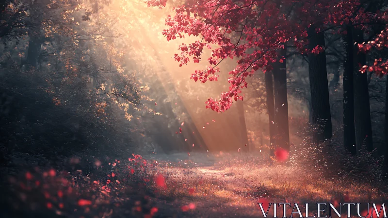 Luminous forest pathway suffused with autumn foliage and ethereal light rays.