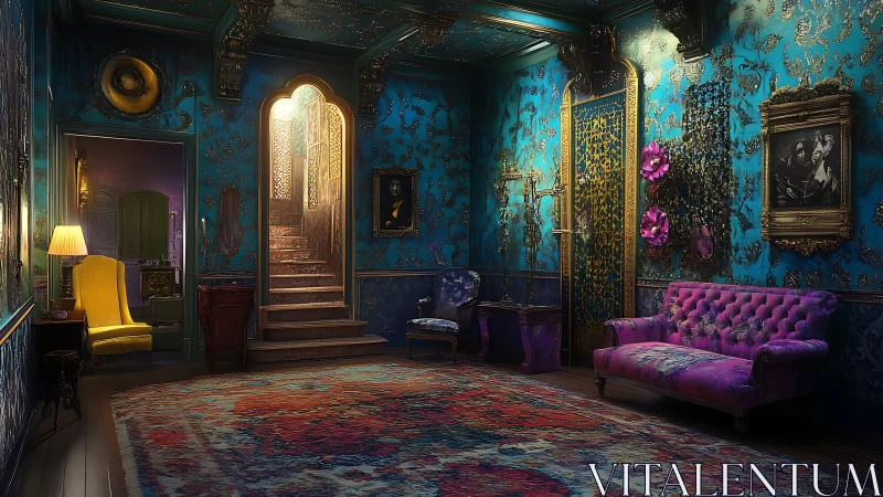 Velvet sofas trade secrets while stairway light eavesdrops