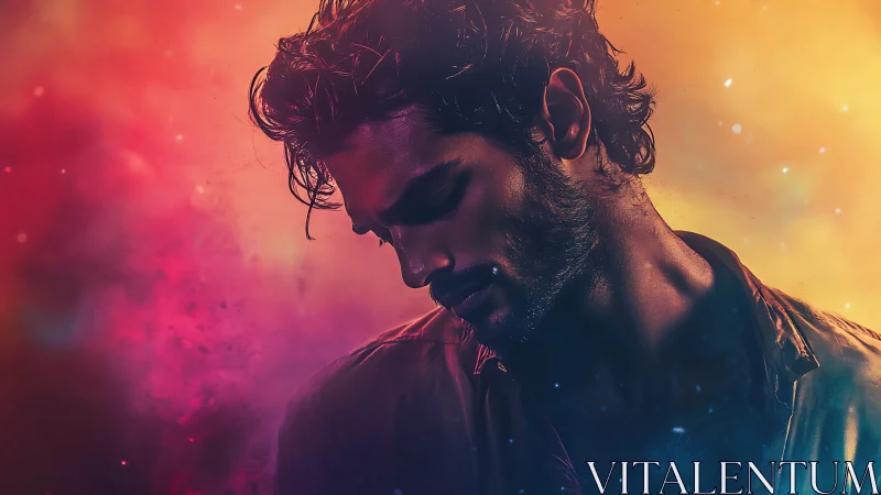 Moody male portrait glows inside vibrant cosmic haze