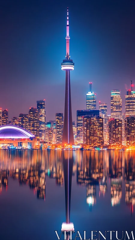 Neon skyline beacon mirrored in glass-still urban waters.