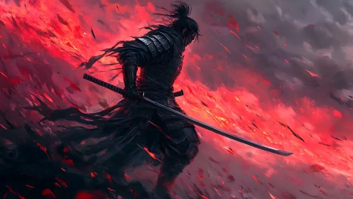 Armored swordsman in profile amid red fiery storm clouds.