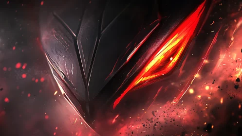 Angular metallic mask with red illuminated eye detail.