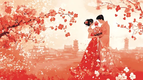 Traditional Chinese Wedding Couple in Spring Blossoms.