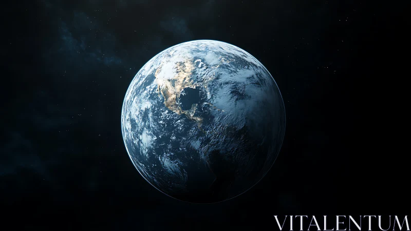 High-contrast 3D Earth rendering with rim lighting and cloud detail