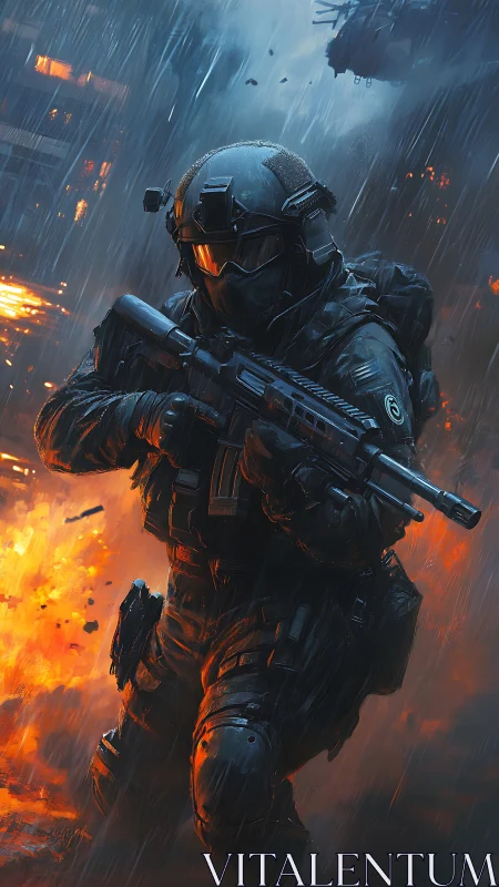 Brave futuristic soldier pushing forward through the chaos.