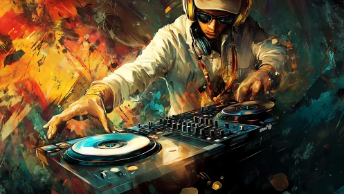 Digital painting of DJ mixing decks amid abstract color storm.
