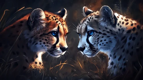 Dual Cheetah Profile Study: Bilateral Symmetrical Composition with Luminous Ocular Elements