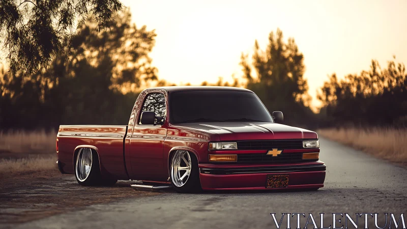 Sunset-slammed Chevy pickup idling low on a lonely road.