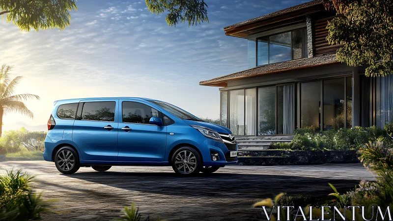 Blue compact MPV rendered photorealistically beside modern villa