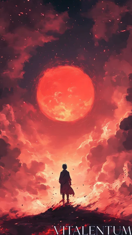 Lonely wanderer studies a blazing crimson world above