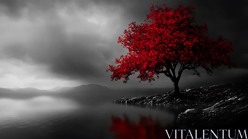 Solitary red-leaved tree on grayscale lakeshore landscape.