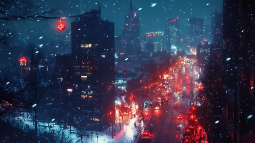 Neon winter boulevard under snowfall in futuristic cityscape.