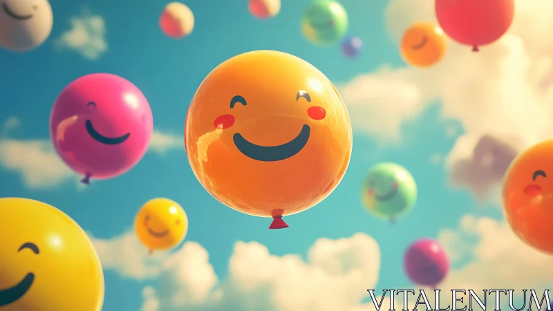 Smiling face balloons float across bright cloudy sky