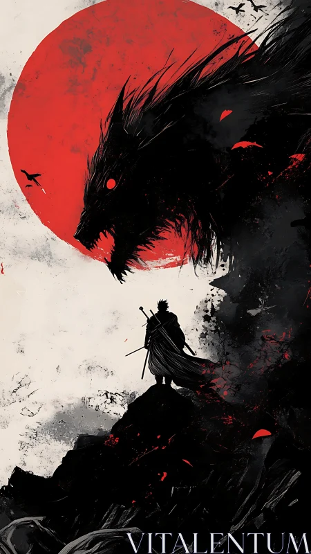 Red moon warrior confronting spectral wolf silhouette.